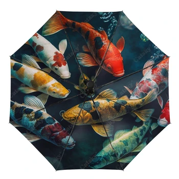 Цветни Японски Риба Кои Чадър За Дъжд Женски 3-Сгъваема Напълно Автоматичен Чадър За Защита От Слънцето Инструмент За Пътуване На Открито Parapluie