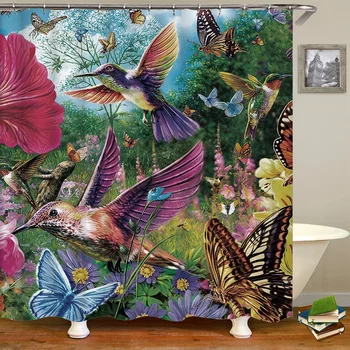 Цветя, Птици, Пеперуди Завеса за душ 3D Екран за баня от водоустойчив плат Декор на банята Тропическо растение С плетене на една кука Пердета за душата