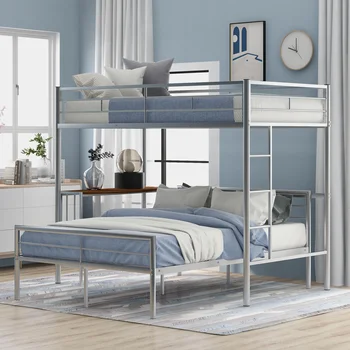 Цельнометаллическая двуетажно легло Twin с работно бюро, стремянкой и качествени пръчка за спални, сребрист металик