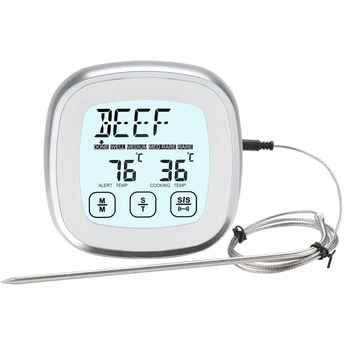 Цифров термометър за месо за готвене във фурната на грил, незабавен температурен сензор с метални кабелни щупами
