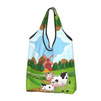 Чанта за пазаруване с забавен принтом крави, преносима чанта за пазаруване с текстура на кожата Anima, пазарска чанта през рамо