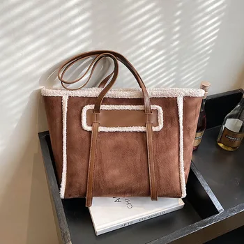 Чанта-тоут от вълна от овце голям капацитет, червен модерен Корея текстура от изкуствен велур splice, чанта на едно рамо, Женствена чанта за пътуване до работа в ретро стил