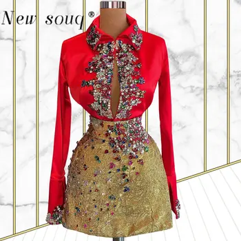 Червена луксозна риза и пола с кристали, с модерна двойка, къса рокля за абитуриентски бал с ръкави, от елегантни вечерни рокли, празнични рокли
