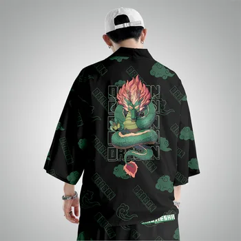 Черно Кимоно с принтом дракон, Жилетка, Мъжки японски Традиционните Всекидневни Свободен Тънък комплект, палта, Панталони, Азиатски облекло Harajuku