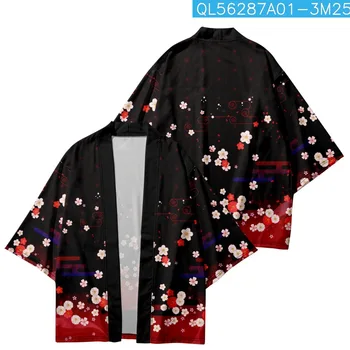 Черно кимоно с шарени цветове на череша 2023 Японските Жени Мъже Летен Плажен жилетка Ризи Юката Хаори Топ