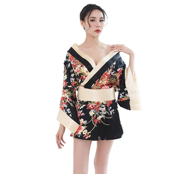 Японското сексуално кимоно с цветен модел, Секси бельо, съблазнителен халат, нощница 